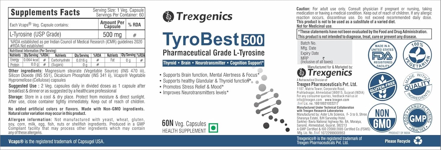 Trexgenics TyroBest-500 L-Tyrosine Pharmaceutical Grade - Thyroid, Stress, Neurotransmitter & Brain Function Support (60 Veg. Capsules) (1)