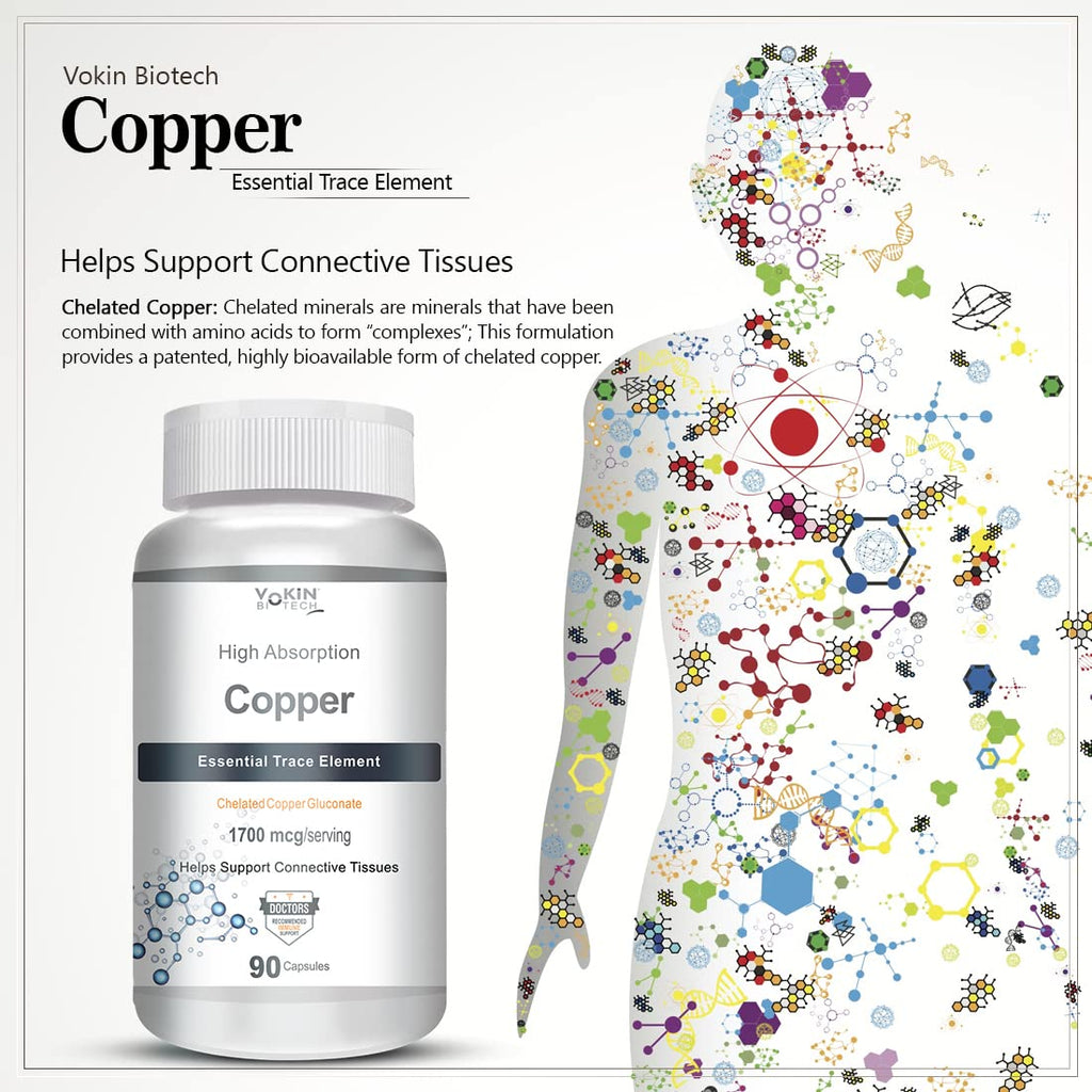 Vokin Biotech Chelated Copper Gluconate â€“ Support Connective Tissues â€“1700mcg â€“ 90 Capsules