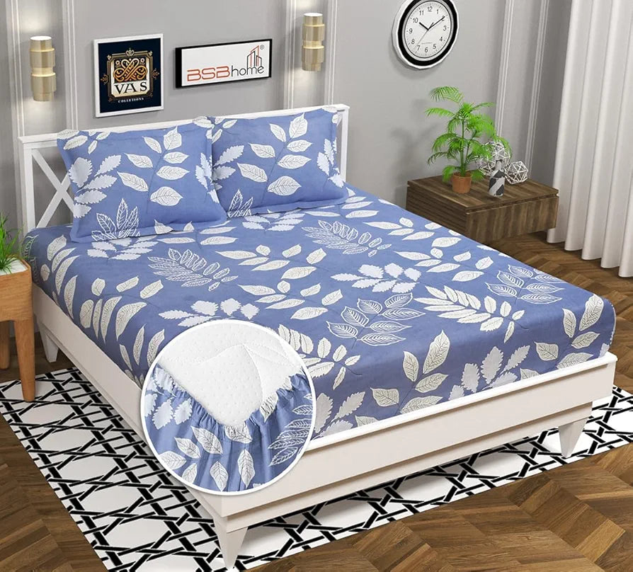 Homekart Premium Cotton 160tc Elastic Fitted Bedsheets with 2 Pillow Covers Double Bed Sky Blue & White