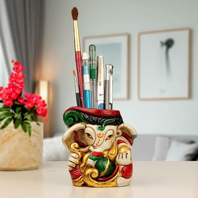 Indicast Resin 4" Inch Idol Ganesh and Krishna Pen Holder Tabletop Display Stand for Home & Office Desk Organizer