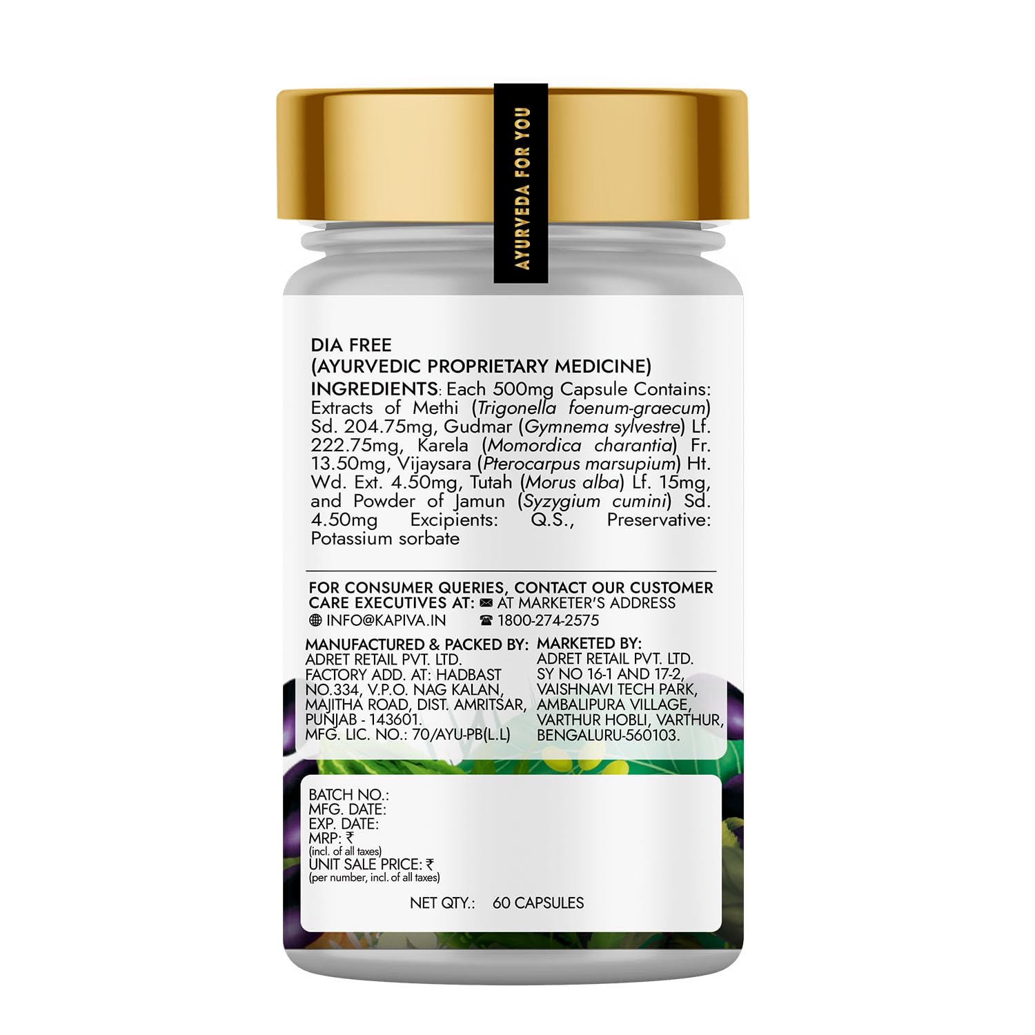 Kapiva Dia Free Capsules | Helps Manage Blood Sugar Levels With Karela, Jamun & Gudmar | 100% Ayurvedic Capsules with Powerful Herbs | 1 Month Pack for Diabetes/Diabetic Care | 60 Capsules/Tablet
