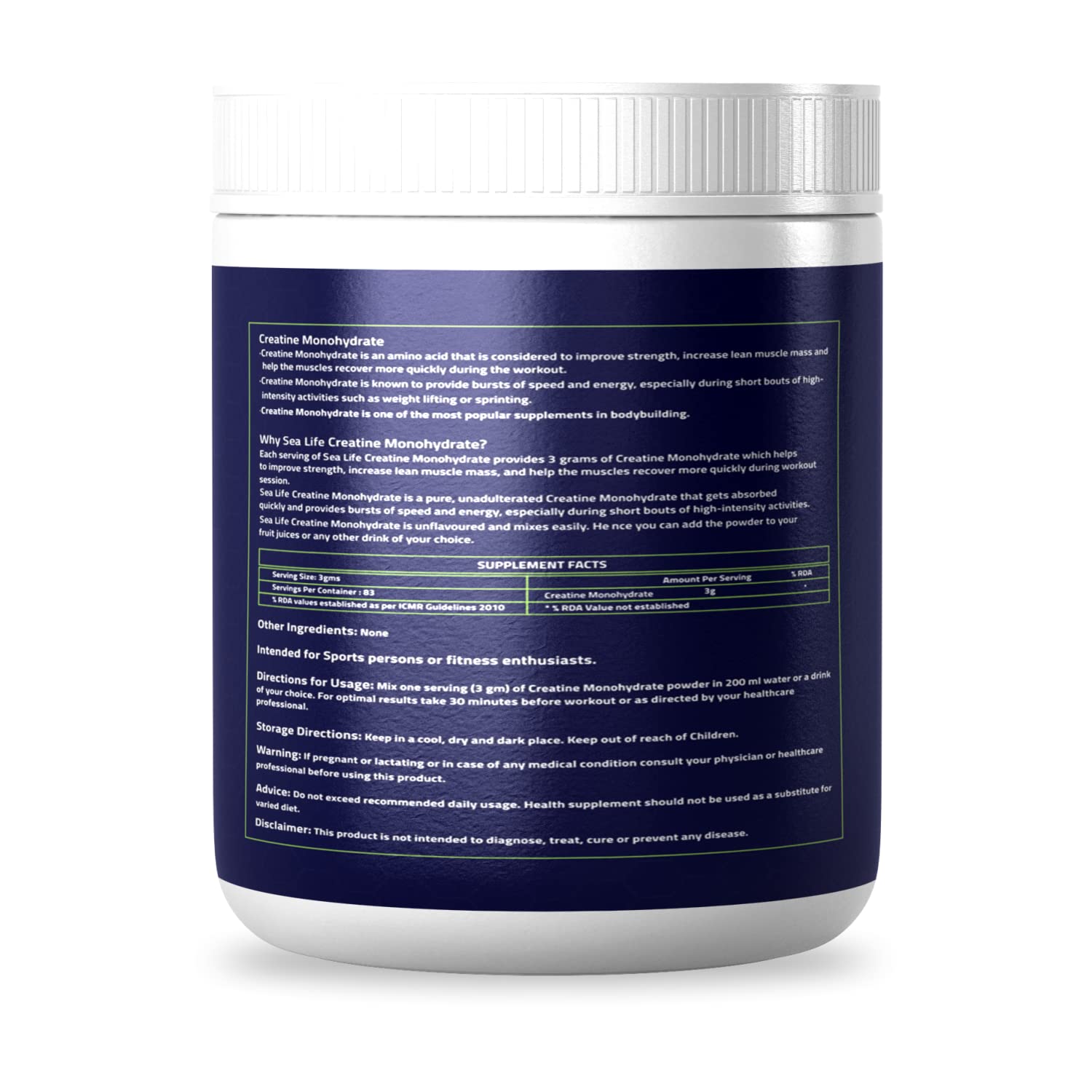 Sea Life Creatine Monohydrate |100% Pure Creatine Powder 250gm,83 Servings |Improves Athletic Performance & Fuels Muscles |Lean Muscle Building Supports | Muscle Repair & Recovery | Creapure Creatine