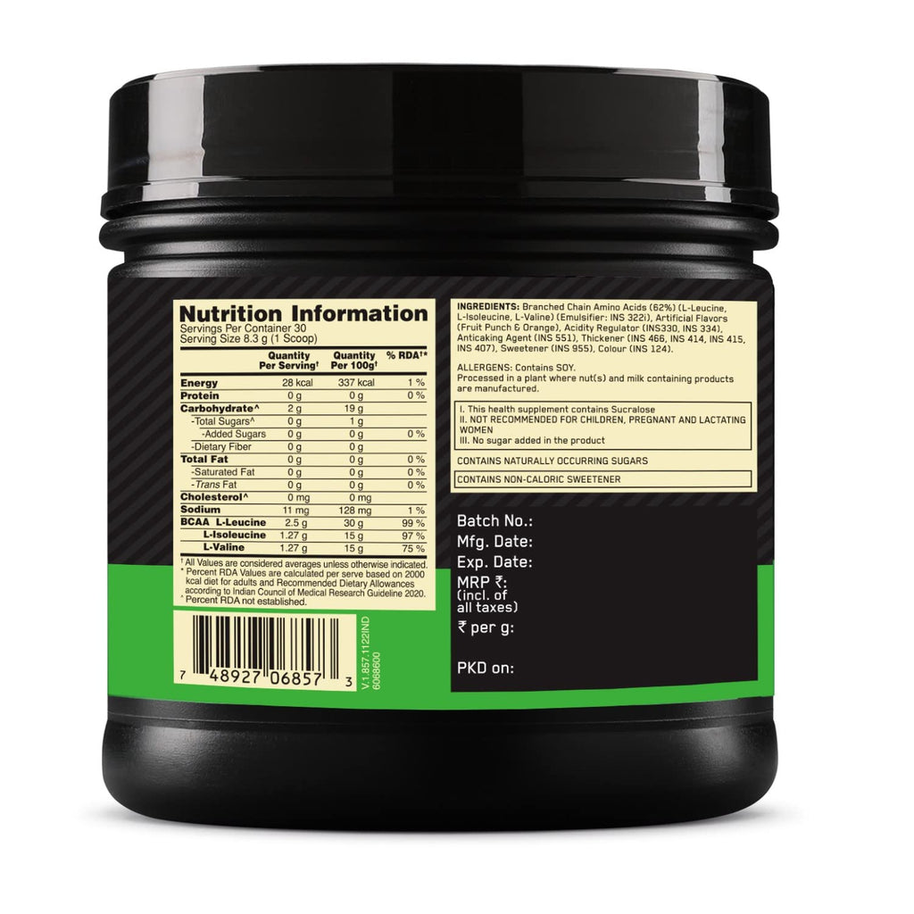 Optimum Nutrition BCAA, 5g BCAAs in 2:1:1 Ratio, 30 servings, For Muscle Recovery & Endurance, Intra workout, Informed Choice certified, 250gm