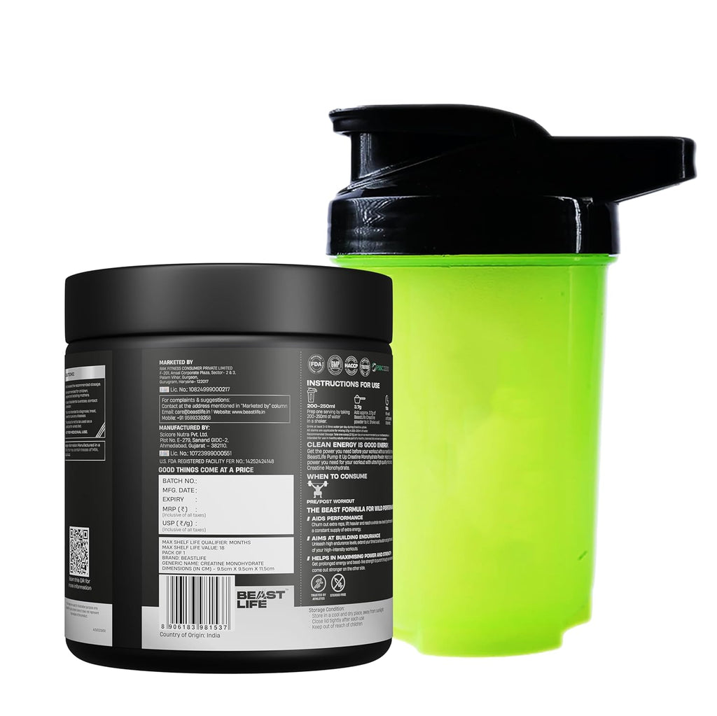 BeastLife Micronised Creatine Monohydrate with Free Shaker | 319 g | 86 Servings | Tropical Tango | NABL Lab Tested | Rapid Absorption for Muscle Strength & Athletic Performance | Super Micronised Creatine Powder