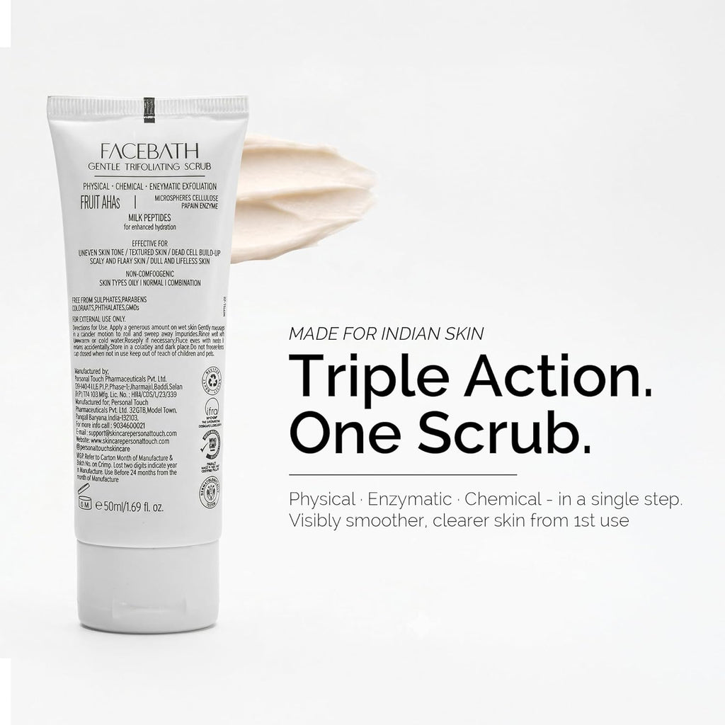 Personal Touch Facebath Gentle Trifoliating Scrub with Fruit AHAs & Milk Peptides for Physical, Chemical & Enzymatic Exfoliation | Uneven Tone, Textured Skin, Flaky & Dull Skin | Oily, Normal, Combination Skin | 50g