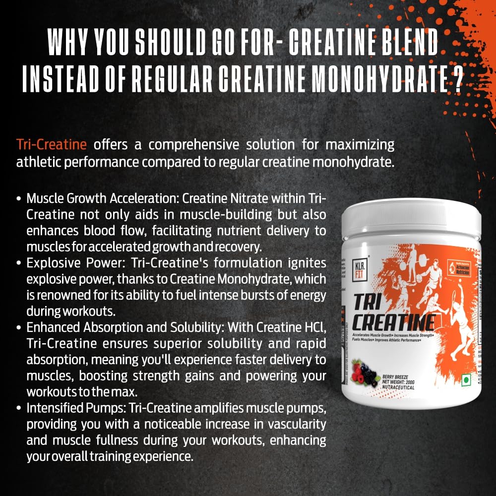 Tri Creatine Powder I Muscle Growth Supplement I 200 Gm I 40 Servings I Boosts Athletic Performance I Berry Breeze flavour