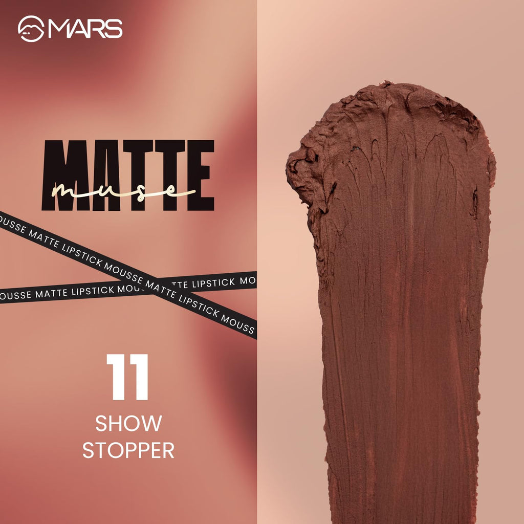 MARS Matte Muse Mousse Lipstick (3ml) (11-SHOW STOPPER) with Doe-Foot Applicator | Highly Pigmented | Smooth Texture | Hydrating Formula | Blurry Lips Effect