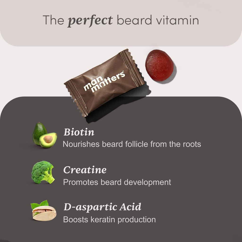 Man Matters Beard Gummies for Men | 30 Days Pack | Thicken Beard, Stimulates Beard Follicles & Improves Beard Density | Biotin, D-aspartic Acid & Creatine | Gelatin-Free,100% Veg