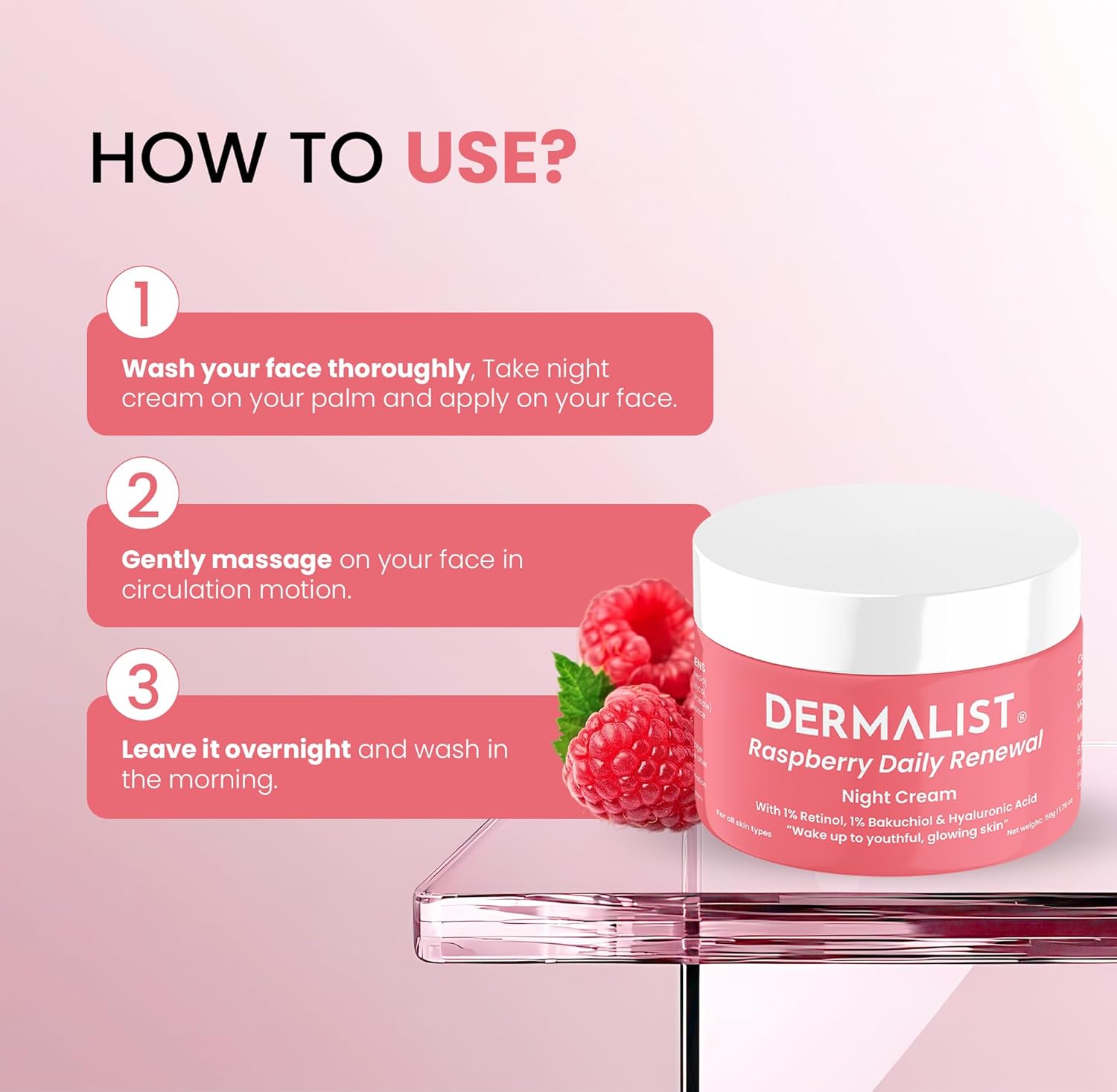 Dermalist Raspberry Daily Renewal 1% Retinol & 1% Bakuchi Oil Anti Ageing Night Cream | Reduces Fine Line & Wrinkles | For Men & Women | 50 G