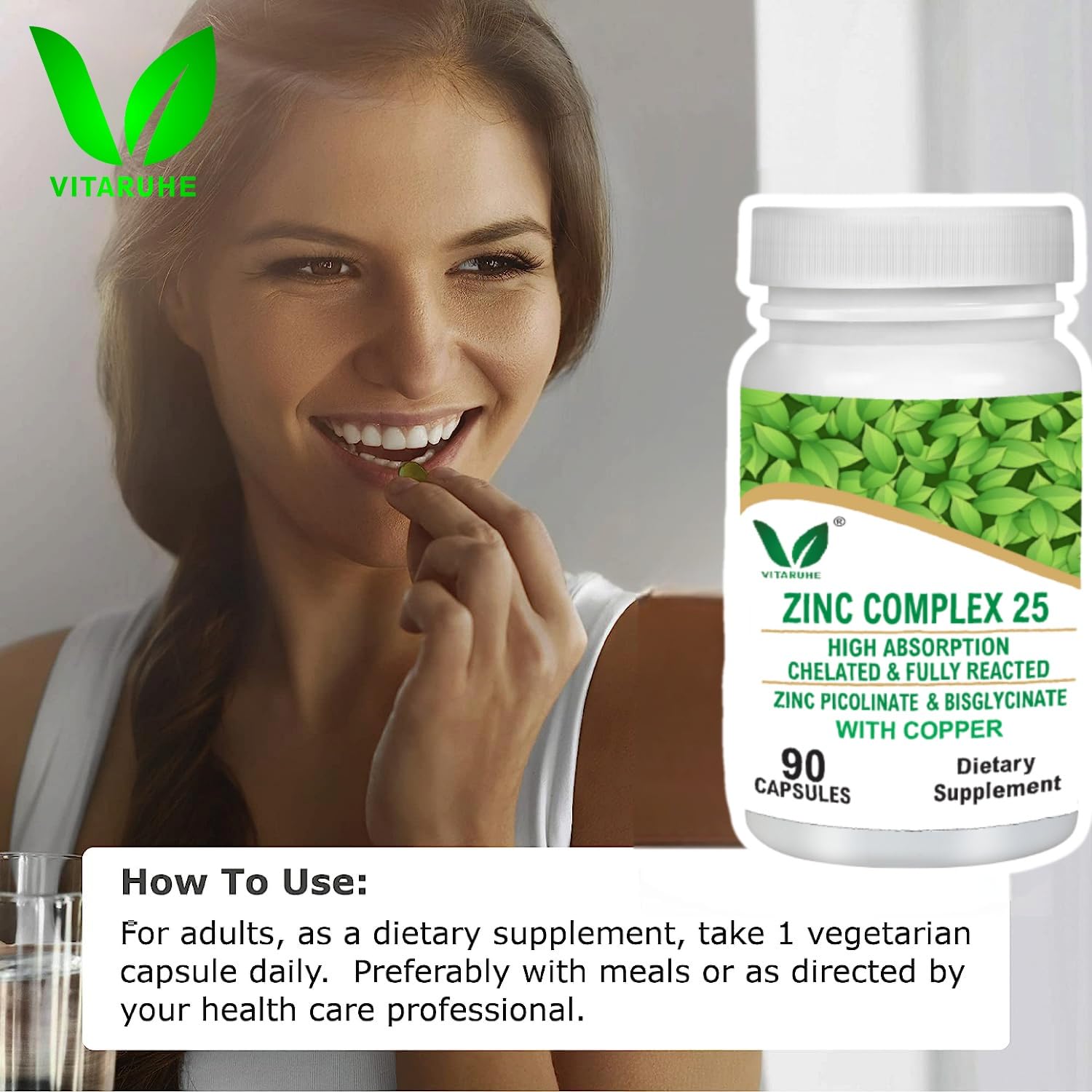 VITARUHEÂ® Chelated Zinc Picolinate & Bisglycinate Complex with Copper, Zinc for Immune, Skin and Cellular Health, High Absorption, Non-GMO, 90 Capsules