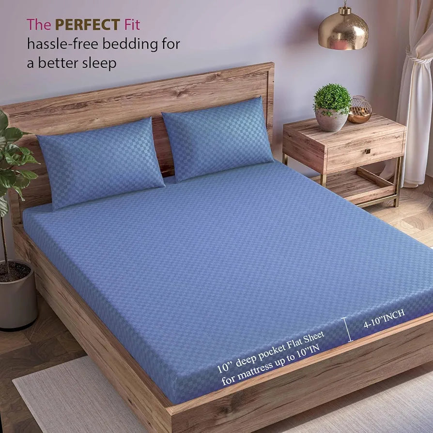 Trance Home Linen 300TC Pure 100% Cotton Queen Size Jacquard Weave Fitted Bedsheet with 2 Pillow Covers Colour Mediterranean Blue