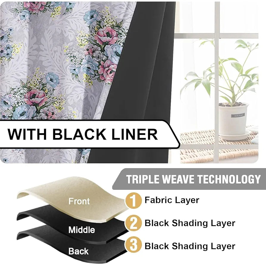 Cloth Fusion Blackout Printed Premium Window Curtains 5 Feet Long Set of 2 Ivory Bouquet
