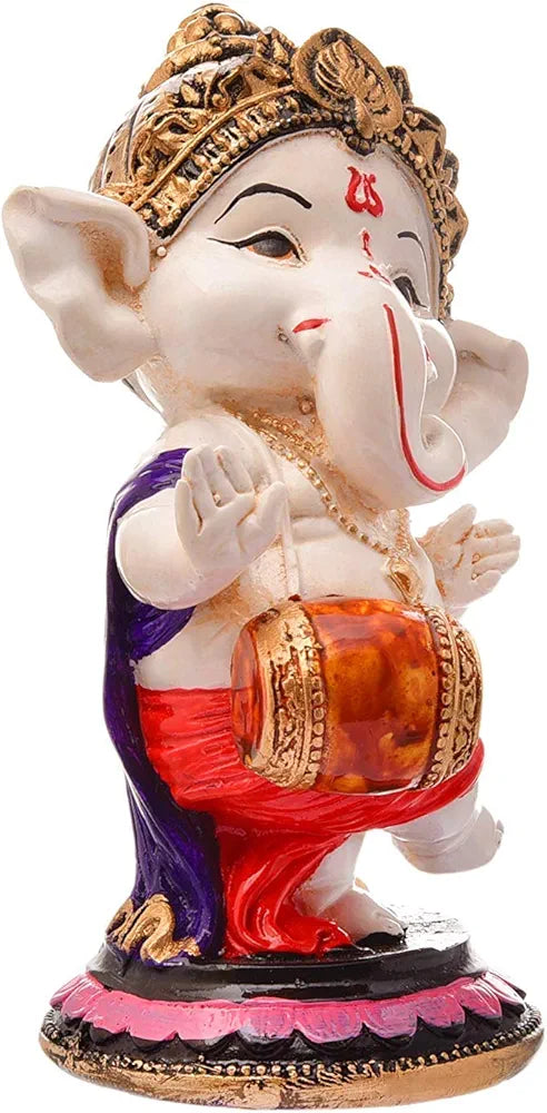 Nrson Indian Handcrafted Polyresin Ceramic Eco Friendly Lord Ganesh Idol Figurine Dhol Ganesh