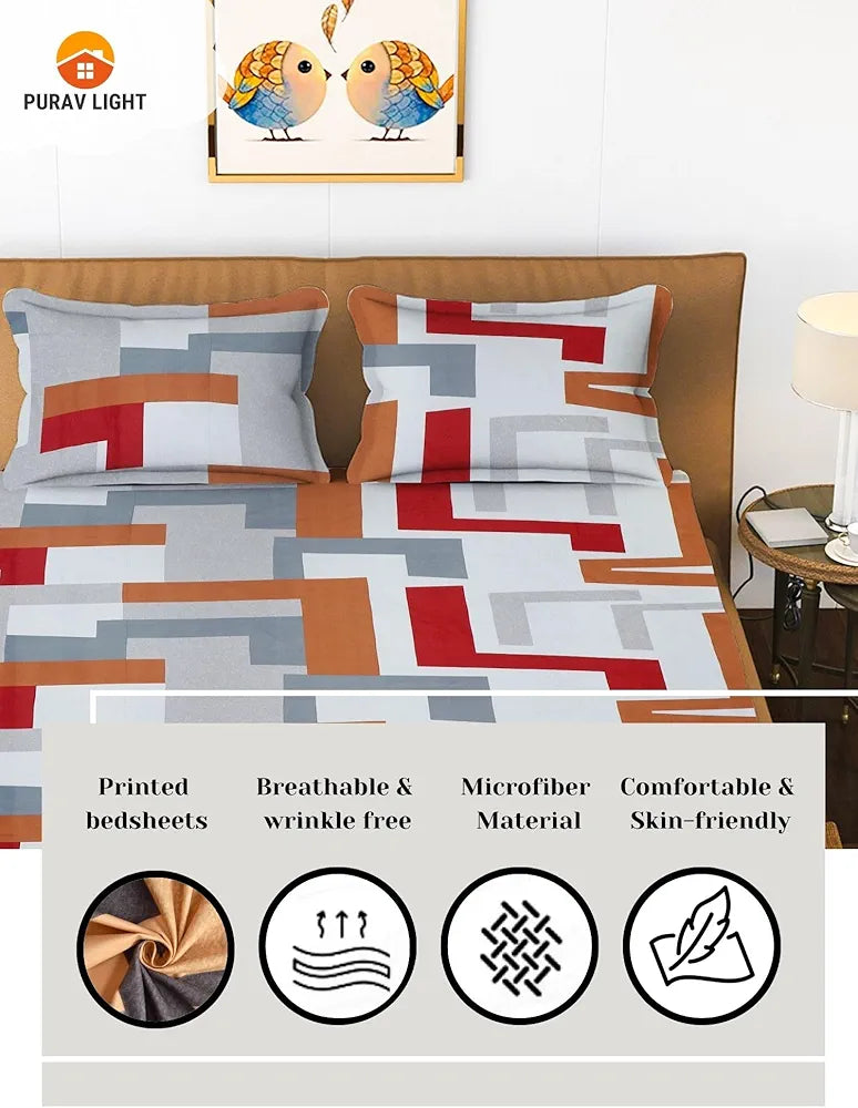 Purav Light Microfiber Cotton Flat Bed Elasticsheet Printed Bedsheet for Double Bed King Size Bed with 2 Pillow Covers 310 TC Breathable Red Color