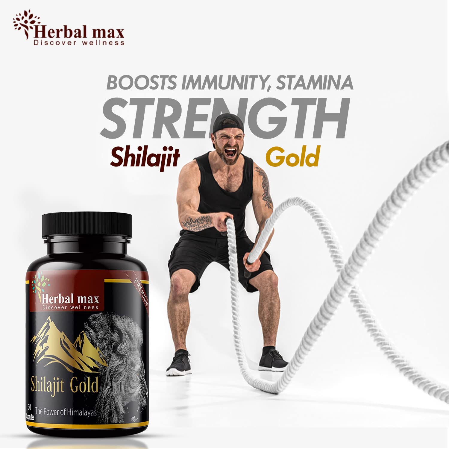Herbal Max Himalayan Shilajit Gold â€“ 800mg | 30 Capsules | With Ashwagandha, Safed Musli & More | Boosts Strength, Stamina, Energy & Immunity | Ayurvedic Supplement for Men