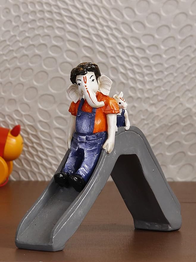 Ecraftindia Handcrafted Polyresin Lord Ganesha Idol Enjoying Slide With Mushak Decorative Showpiece