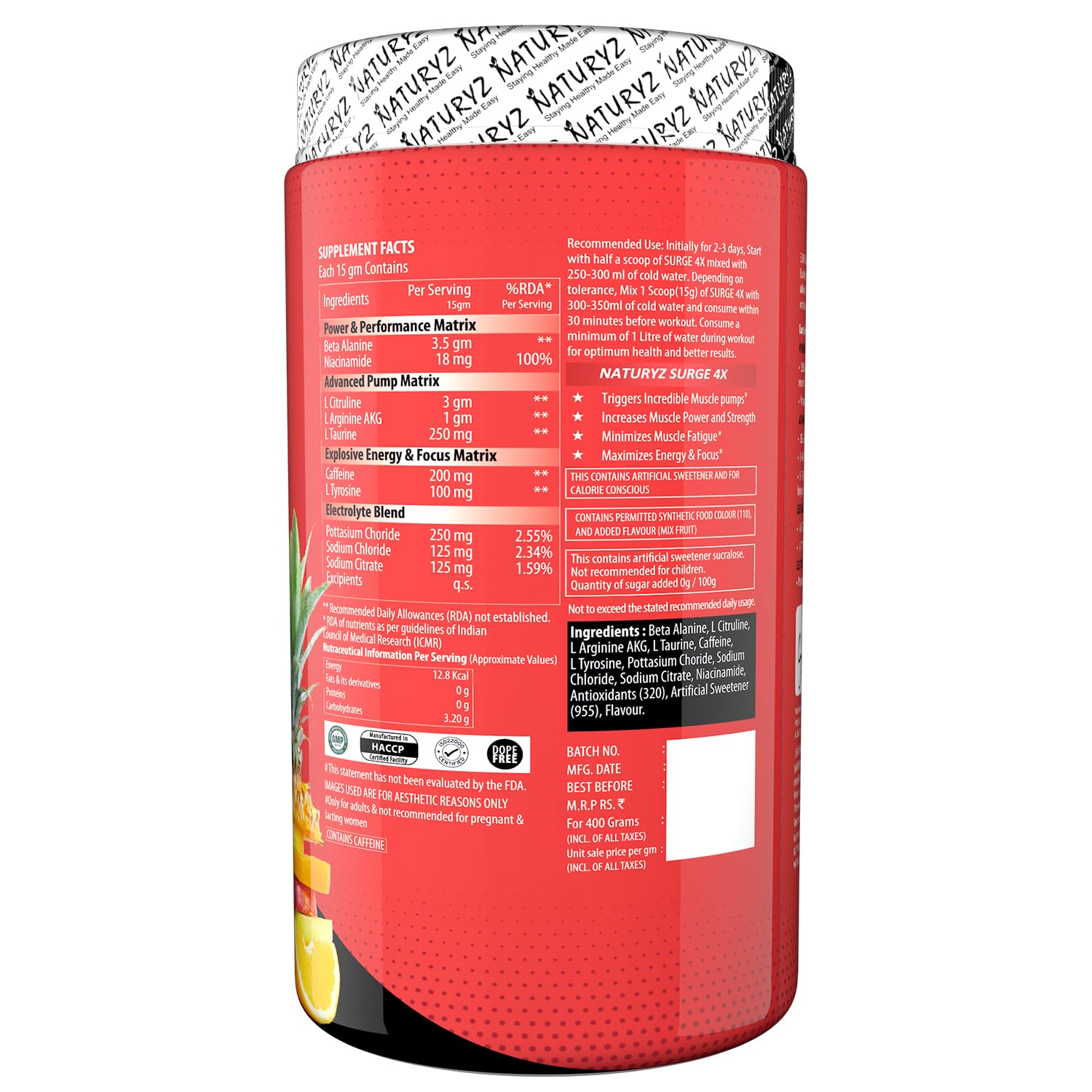 Naturyz Surge 4X Pre Workout, 400g Powder (Mix fruit fusion flavour) with 4000mg Beta-Alanine, 3500mg L- Citrulline,Creatine,L- Arginine & Aminos