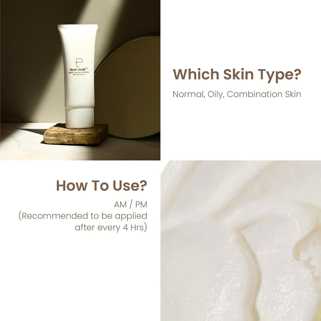 Personal Touch ThatMatt Oil-Control Hybrid Sunscreen SPF 50+ PA++++ | Blue Light, Infrared & Pollution Protection | Non-Comedogenic | Zinc Oxide & Titanium Dioxide | Matte Finish | UVA PF 17 | 50 g