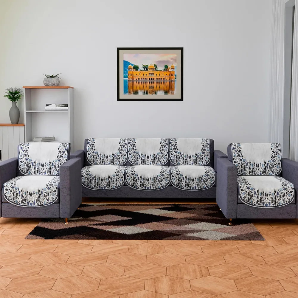 Kuber Industries 5 Seater Couch Cover Set Blue Digital Leaf Sofa Slipcover Gray