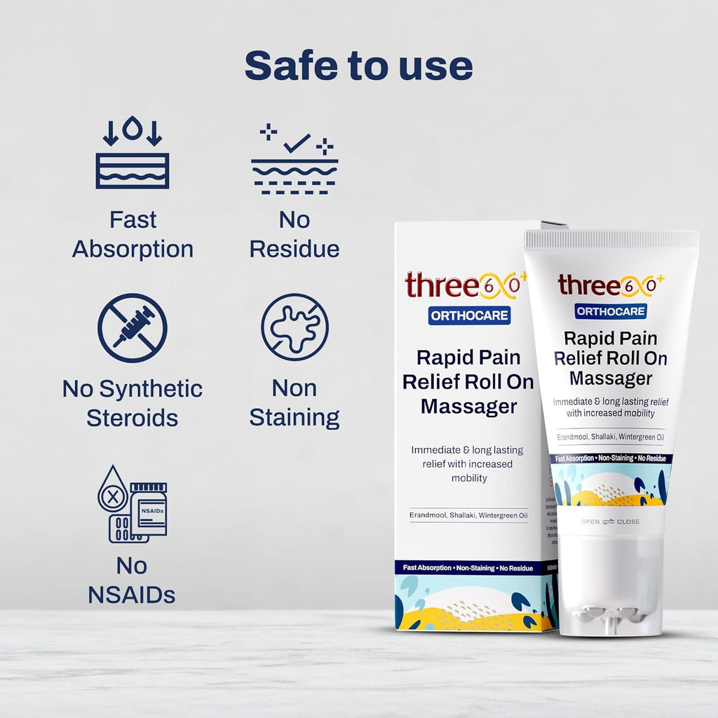 three60+ RAPID PAIN RELIEF Roll On Massager|Immediate & Long-Lasting Pain Relief|Erandmool,Shallaki,Wintergreen Oil,Nirgundi|Fast Absorption|Targeted,Hands-Free Massage Application