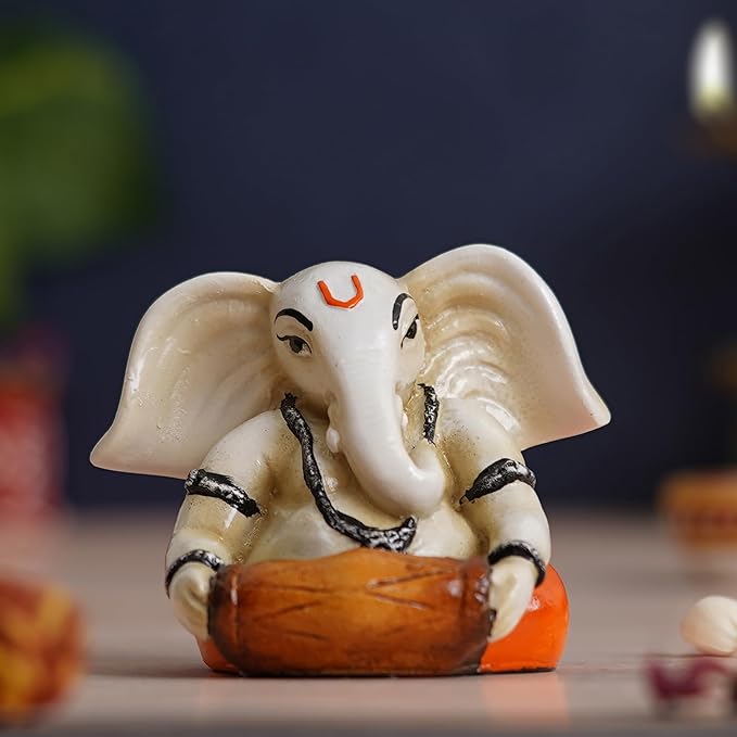 Ecraftindia White & Orange Polyresin Handcrafted Lord Ganesha Idol Playing Dholak Musical Instrument | Decorative God Statue Ideal