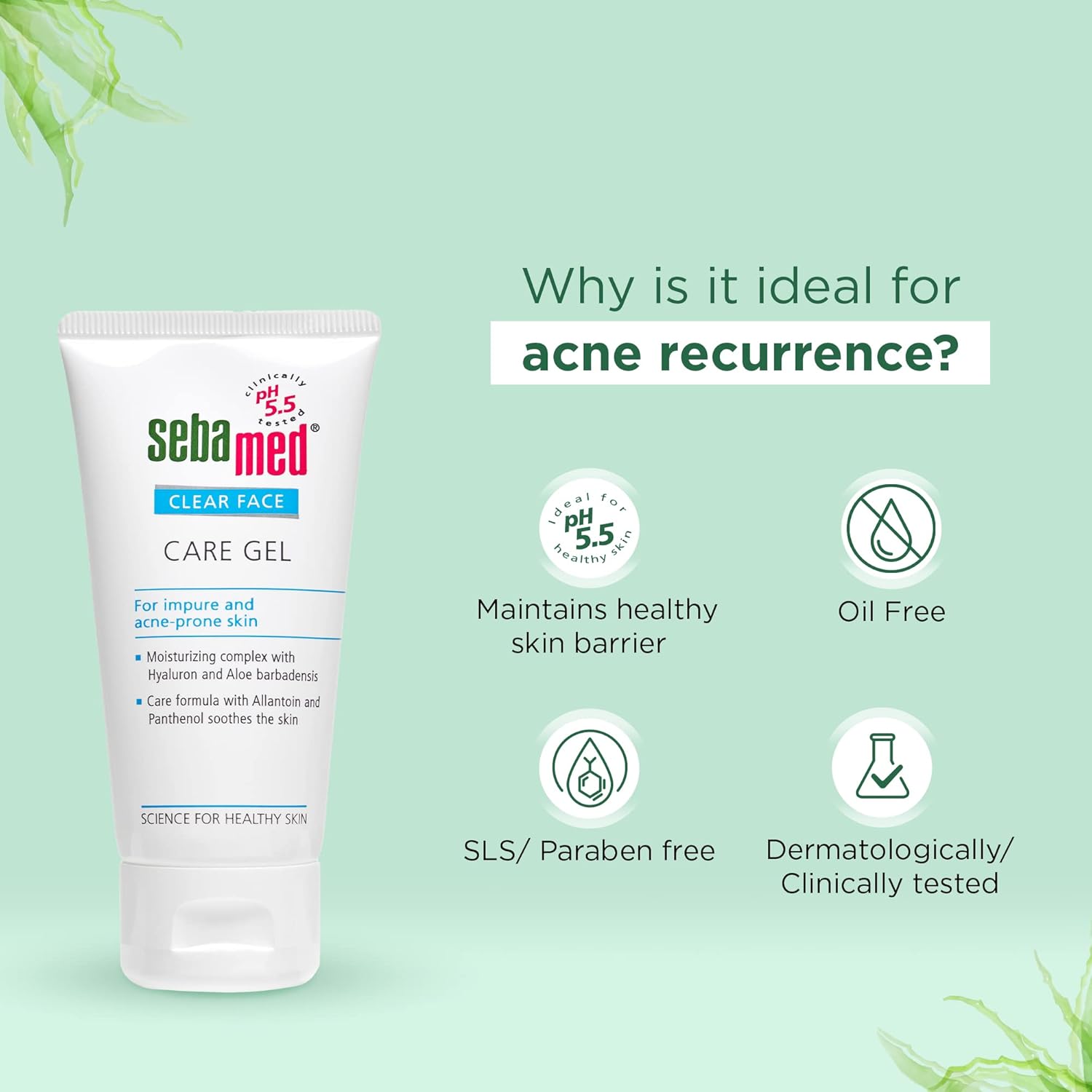 Sebamed Clear Face Care Gel 50 ml|pH 5.5 |Acne/ pimple prone skin|Hyaluronic acid & Aloe Vera|Water based Moisturiser | non sticky l Toxin free