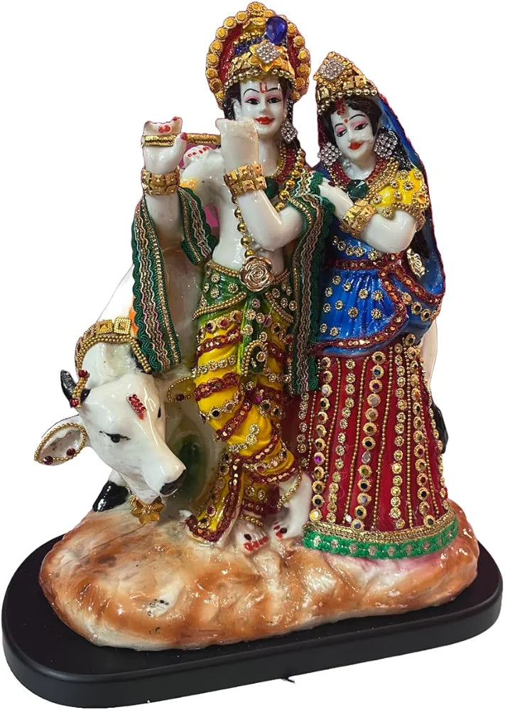 Alila Marble Finish Murti Idol Statue Sculpture Spiritual Hindu God 630DJ Radha Krishana with Cow