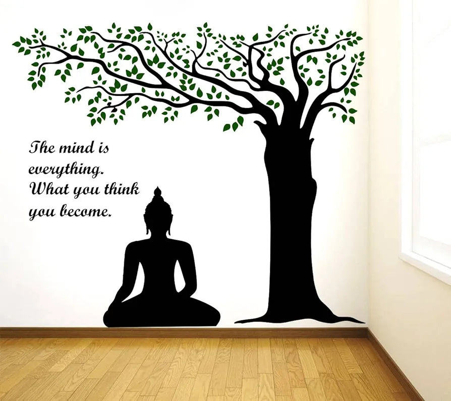 Rawpockets Decals Lord Buddha Under Tree and Quote on Mind Extra Large Size Wall Sticker