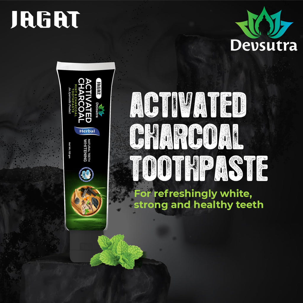 Jagat Devsutra Dr. Trusted Ayurvedic HERBAL Activated Charcoal Toothpaste for Teeth Whitening - 100% Natural Formula with Mint Flavour, No Fluoride & Artificial Colours - Pack of 2 (125g x 2)