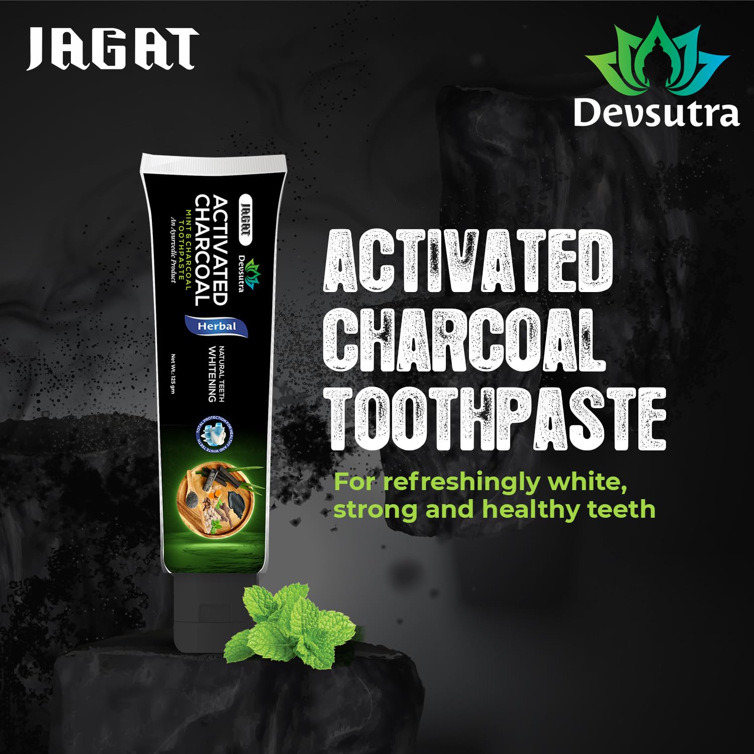 Jagat Devsutra Dr. Trusted Ayurvedic HERBAL Activated Charcoal Toothpaste for Teeth Whitening - 100% Natural Formula with Mint Flavour, No Fluoride & Artificial Colours - Pack of 2 (125g x 2)