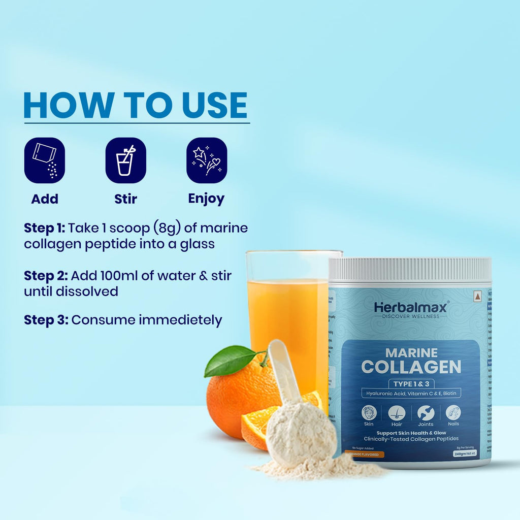 Herbal Max Marine Collagen Powder | Orange Flavour | Type I & III Hydrolyzed Collagen Peptides with Hyaluronic Acid, Vitamin C, Vitamin E & Biotin | Supports Skin, Hair, Nails, Bones & Joints | 240g