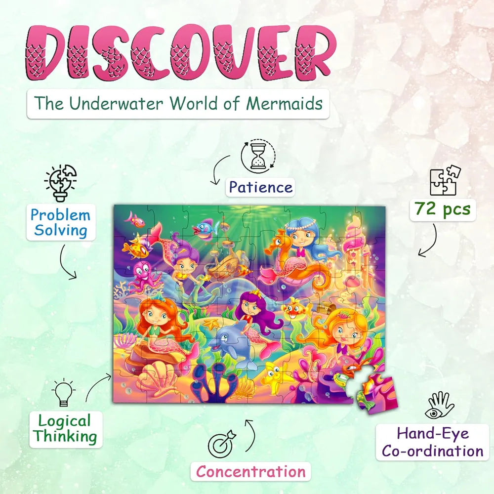 Playqid Mermaid Jigsaw Puzzle for Kids, 72-Piece 35 x 48 cms Aquatic Ocean Animals Floor Puzzle for Ages 5+ Underwater Theme Educational