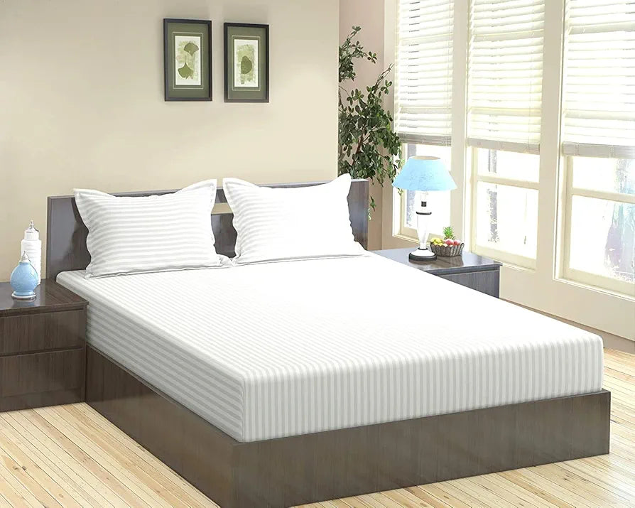 Trance Home Linen 100% Cotton 75x60 inch 200TC Satin Stripe Elastic Fitted Bedsheet with 2 Pillow Covers Colour White