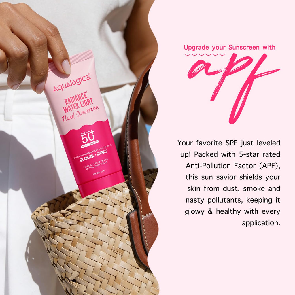 Aqualogica Radiance+ Water Light Fluid Sunscreen SPF 50+ PA++++, 50g | 2% Nia-Hyaluron Complex | Broad Spectrum UVA/UVB & Blue Light Protection | Ultra-Light Fluid | Fragrance-Free | No White Cast | Lightweight | For Men & Women
