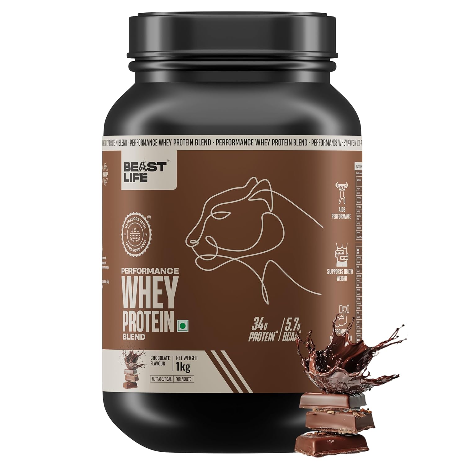 BeastLife Performance Whey Protein Blend | 34g Protein | 5.7g BCAA | 1Kg | Chocolate | Muscle Growth & Recovery | Easy to Digest with Ultrasorb Tech | Smooth & Easy to Mix | Contains Whey Protein Concentrate & Yeast Protein