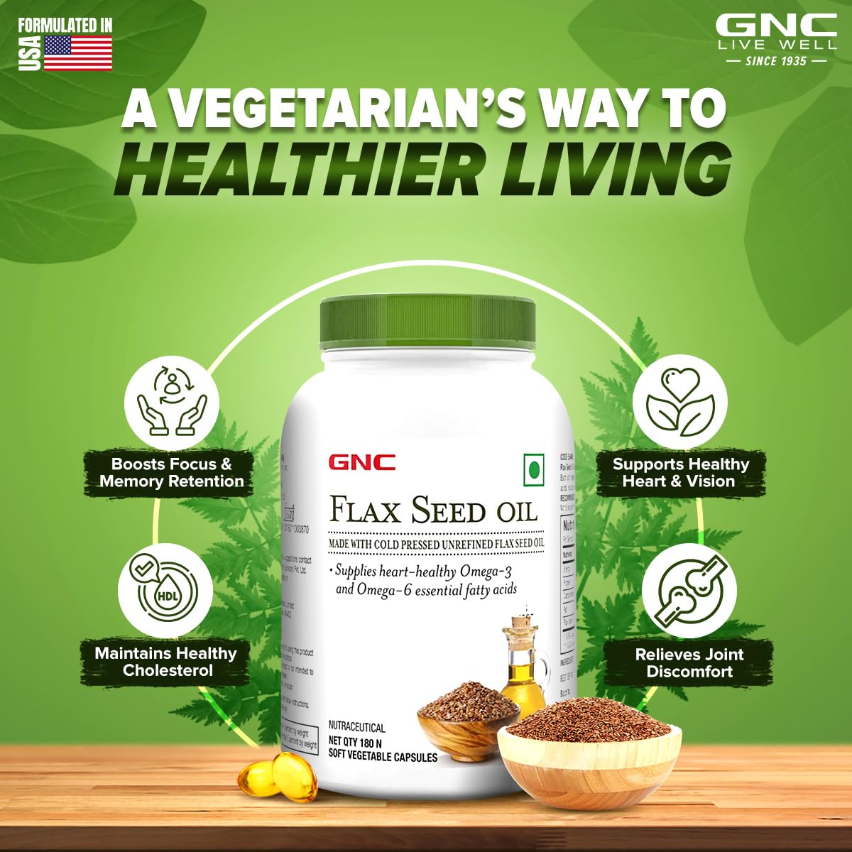 GNC Flax Seed Oil Vegetarian Omega 3s | 180 Capsules | Supports Good Memory | Protects Vision | Relieves Stiffness & Joint Discomfort | Cold-Pressed & Unrefined | USA Formulated