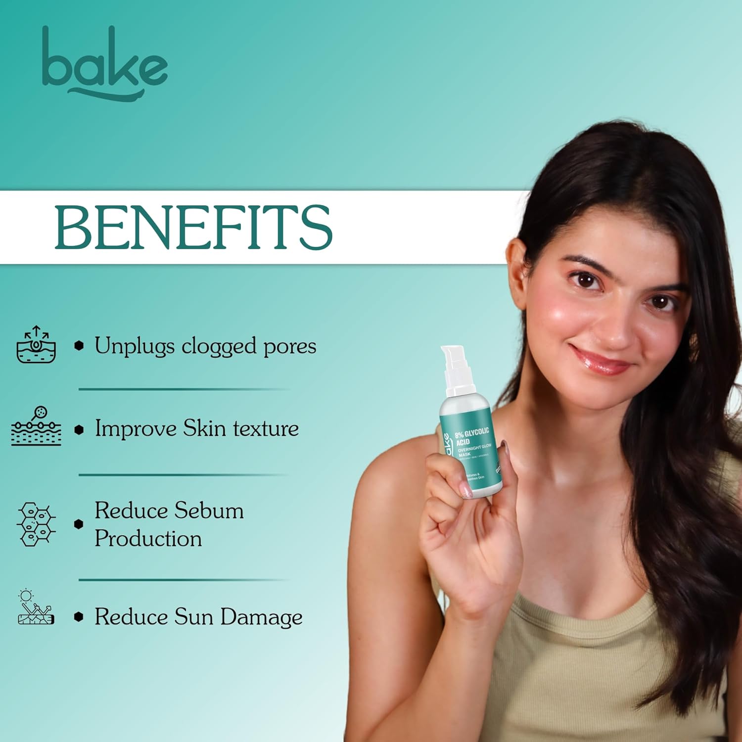 BAKE 8% Glycolic Acid Serum with AHA BHA & Lactic Acid | Improve Uneven Skin Tone, Pigmentation Solution, Unclogs Pores, Reduces Blackheads | Overnight Peeling Serum | For Women & Men | 30ml