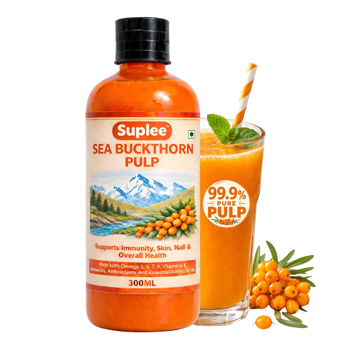 Suplee 99.9% Pure Himalayan Sea Buckthorn Pulp 300ml | Original & Natural Seabuckthorn Pulp Concentrate Rich in Omega 3, 6, 7 & 9 | Sugar Free Immunity Booster & Antioxidant Supplement for Radiant Skin, Hair & Overall Health | 300ml