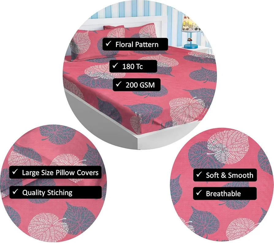 Homekart Premium Cotton Elastic Fitted Bedsheets with 2 King Size Pillow Covers Double Bed Floral Pattren Pink and Grey 200 tc - 220 tc