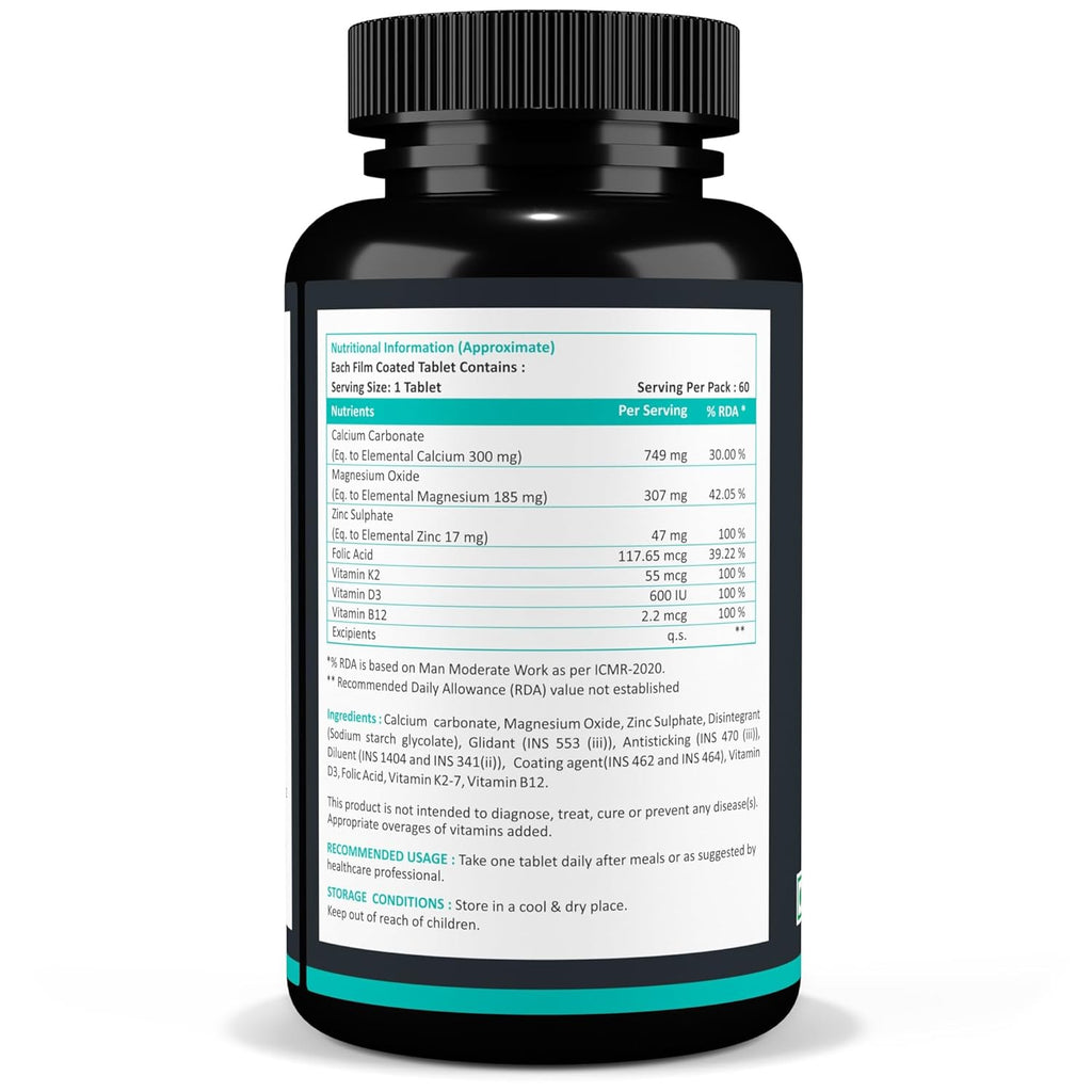 Calcium Magnesium Zinc Vitamin D3 Vitamin B12 & Vitamin K2 â€“ 60 Vegetarian Tablets for Bone Health, Joint Support, and Immunity Support for Women & Men