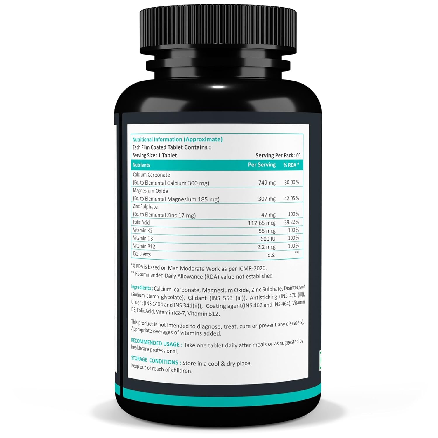 Calcium Magnesium Zinc Vitamin D3 Vitamin B12 & Vitamin K2 â€“ 60 Vegetarian Tablets for Bone Health, Joint Support, and Immunity Support for Women & Men