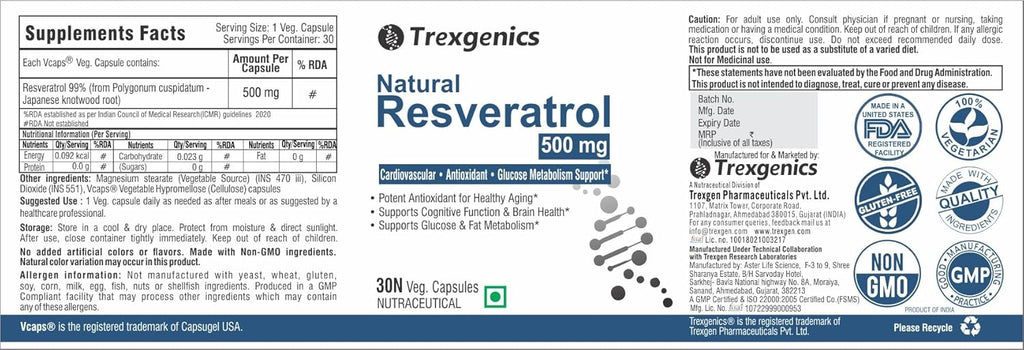 Trexgenics Natural RESVERATROL 500 mg Cardiovascular Health, Antioxidant & Glucose Metabolism VEGAN & NON-GMO (30 Veg. Capsules) (Pack of 1)