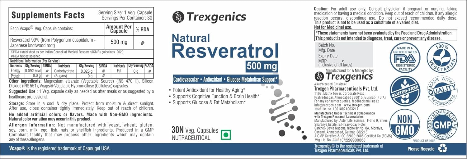 Trexgenics Natural RESVERATROL 500 mg Cardiovascular Health, Antioxidant & Glucose Metabolism VEGAN & NON-GMO (30 Veg. Capsules) (Pack of 1)