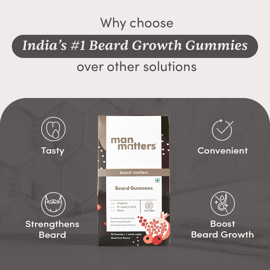 Man Matters Beard Gummies for Men | 30 Days Pack | Thicken Beard, Stimulates Beard Follicles & Improves Beard Density | Biotin, D-aspartic Acid & Creatine | Gelatin-Free,100% Veg