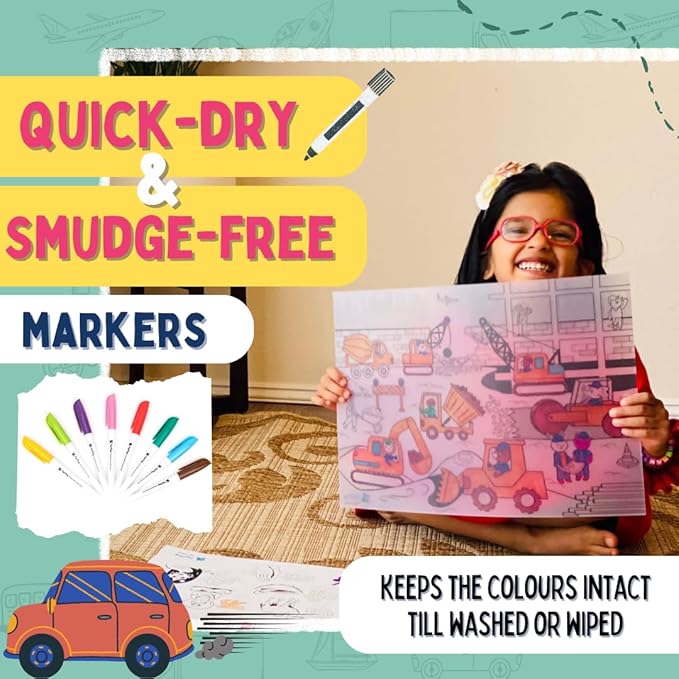 Pepplay Reusable Coloring Placemats Sheet with 8 Erasable Marker Pens Art Kit for Kids Vehicle Series