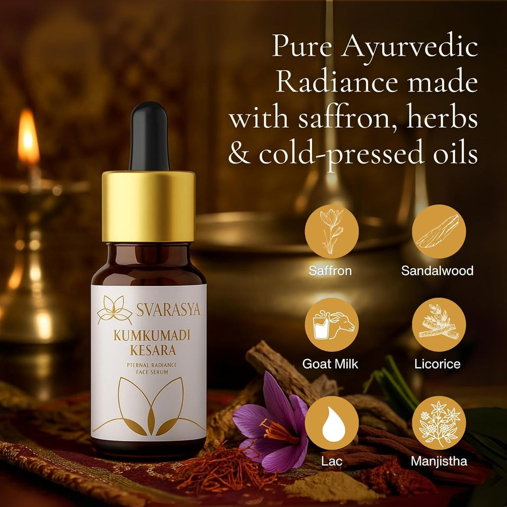 Svarasya Kumkumadi Tailam Face Oil - 12ml Ayurvedic Kumkumadi Oil with Saffron & Sandalwood - Helps Reduce Signs of Aging | For Radiant Skin | For Men & Women | All Skin Types