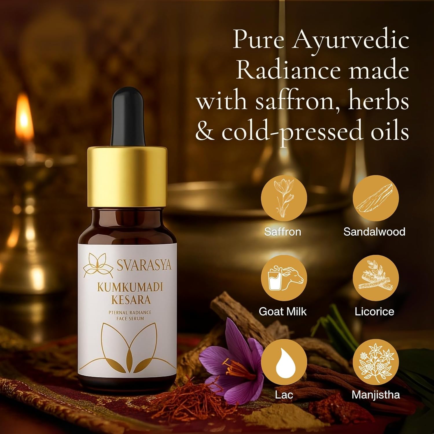 Svarasya Kumkumadi Tailam Face Oil - 12ml Ayurvedic Kumkumadi Oil with Saffron & Sandalwood - Helps Reduce Signs of Aging | For Radiant Skin | For Men & Women | All Skin Types