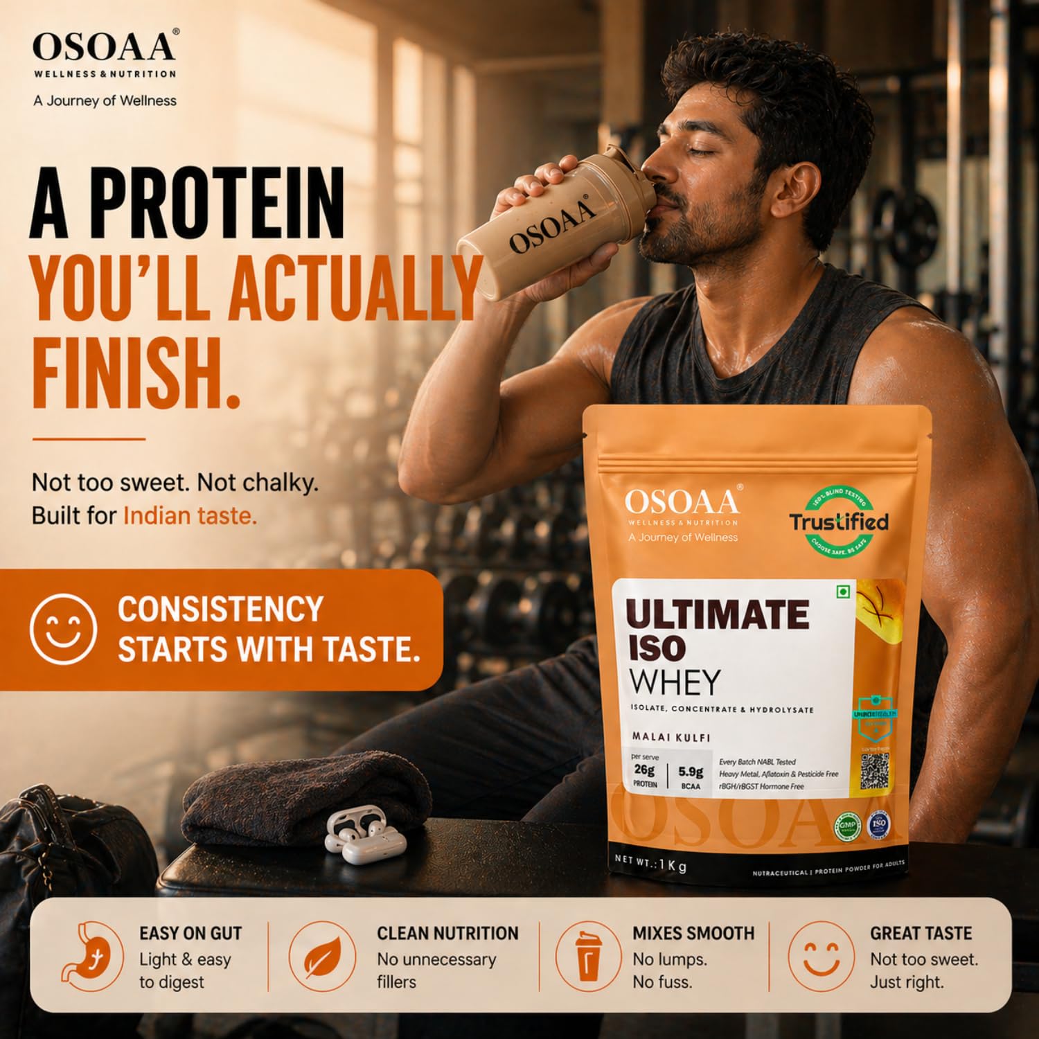 OSOAA Ultimate ISO Whey Protein Isolate Protein - 1kg, Kesar Kulfi | 26g Protein Powder for Muscle Support & Recovery | 100% Authentic Protein Supplement Powder - Batch wise Lab Report