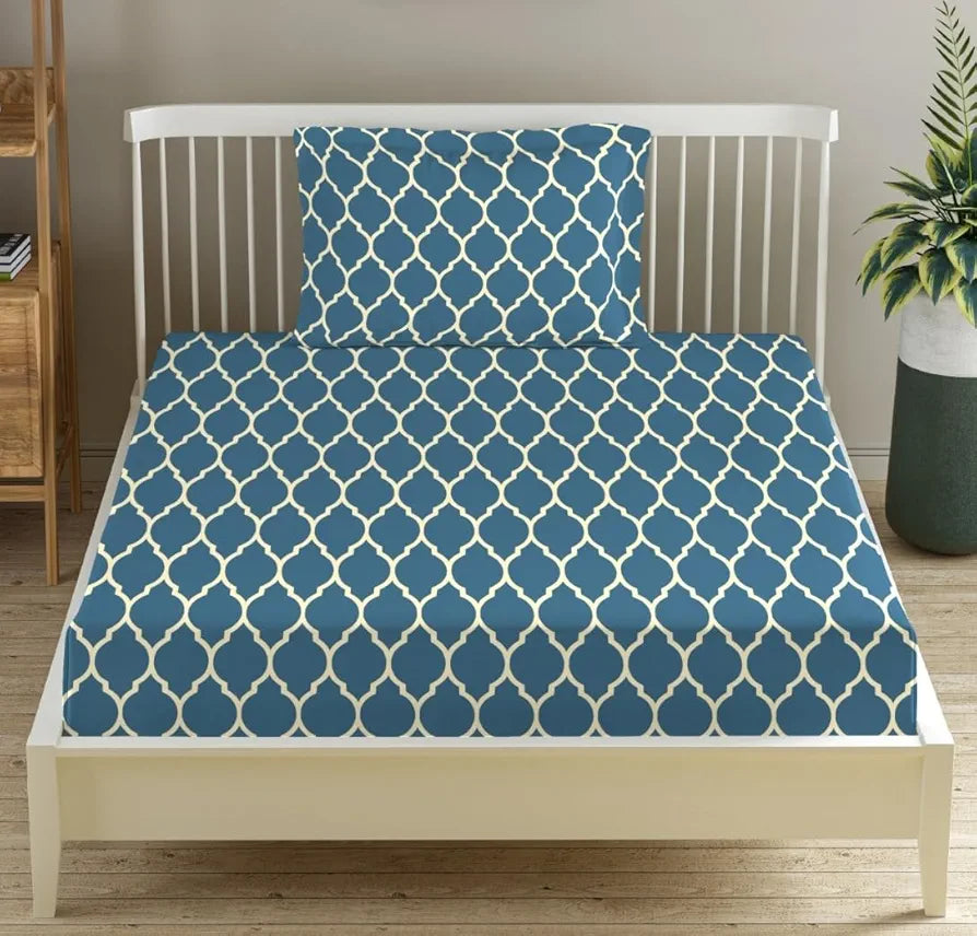 Trance Home Linen 200Tc 100% Cotton 78"X36" Single Size Elastic Fitted Bedsheet Printed Bedspread With 1 Pillow Cover Colour Dori Blue
