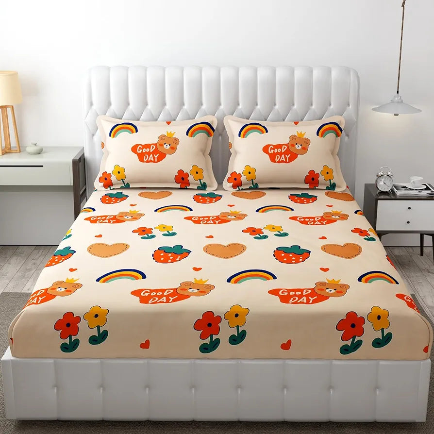 Fresh From Loom Cartoon Wrinkle Free Glace Cotton Bedsheet For Kids With 2 Pillow Cover 144 Tc Multicolor Pale